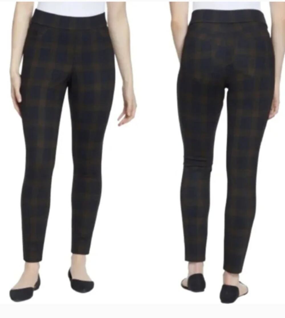 Nine West Jeans Womens XL Heidi Pull On Stretch Skinny Pants Plaid Orange Black